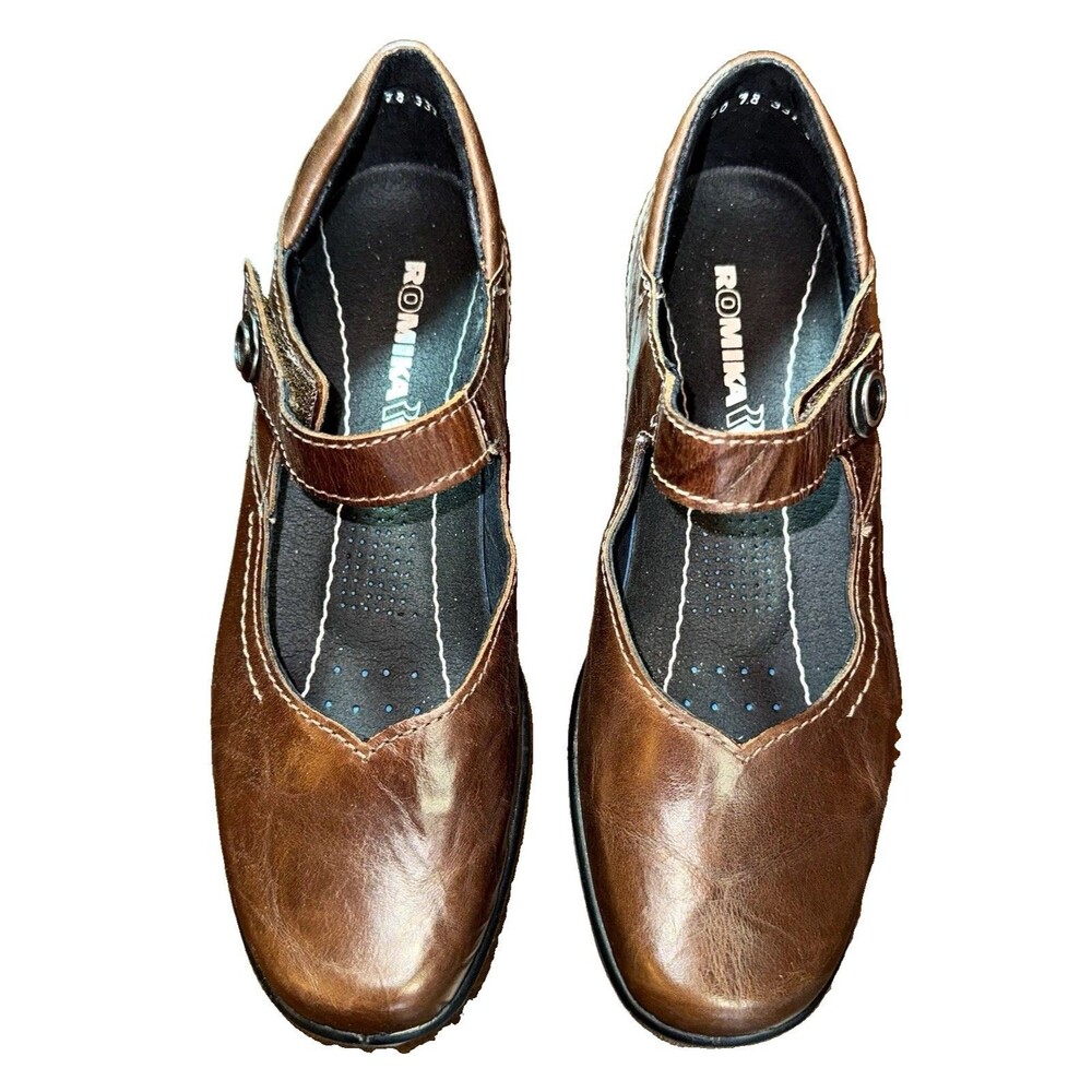 ROMIKA Brown Leather Mary Jane Hook & Loop Strap Cushioned Wedge EU 37 US 6-6.5
